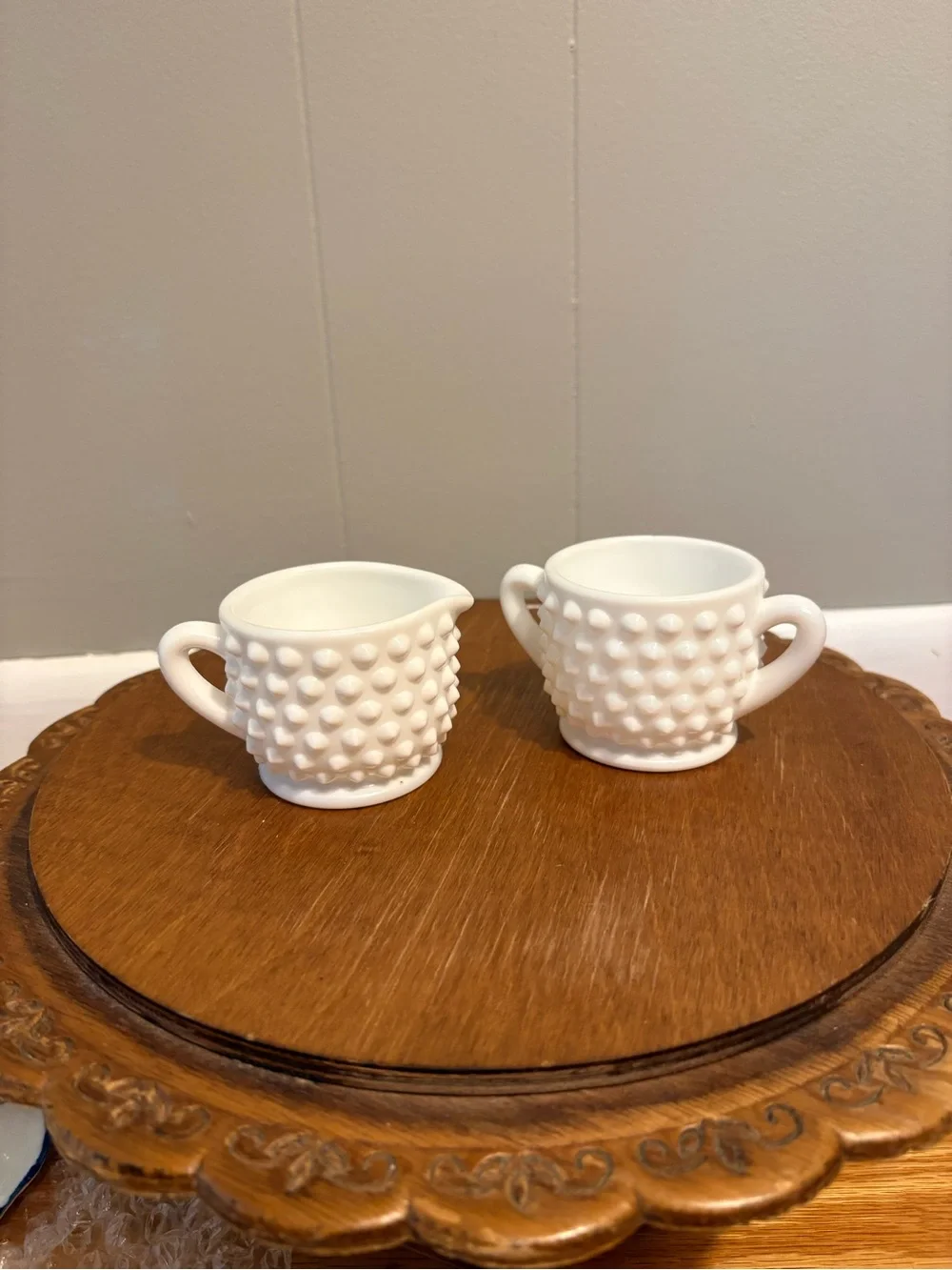 Vintage Fenton? Milk Glass Hobnail Small Creamer and Sugar Set